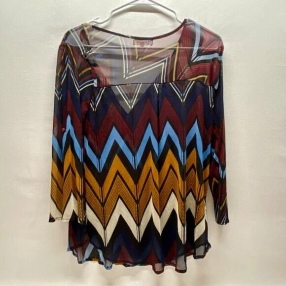 Eden & Olivia Semi Sheer 3/4 Sleeve Blouse Women's Medium Aztec Tribal V-Neck - Picture 2 of 5